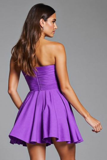 Strapless A Line Purple Short Prom Dress with 3D Flowers